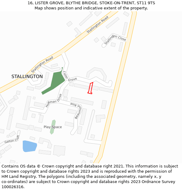 16, LISTER GROVE, BLYTHE BRIDGE, STOKE-ON-TRENT, ST11 9TS: Location map and indicative extent of plot