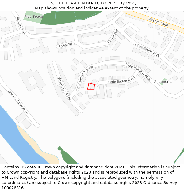 16, LITTLE BATTEN ROAD, TOTNES, TQ9 5GQ: Location map and indicative extent of plot