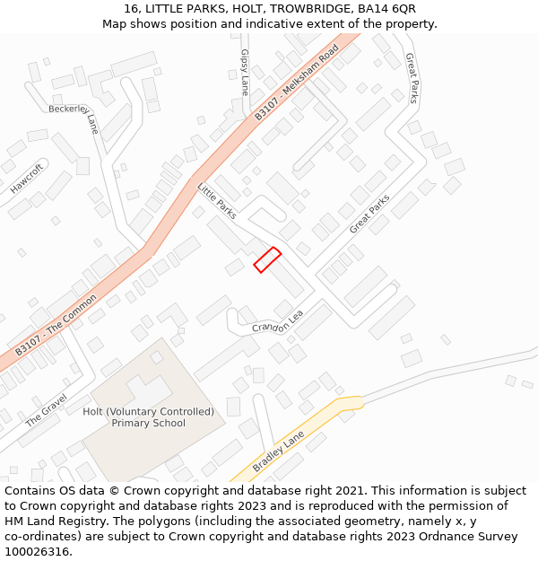 16, LITTLE PARKS, HOLT, TROWBRIDGE, BA14 6QR: Location map and indicative extent of plot