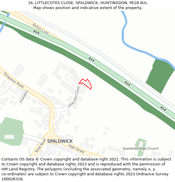 16, LITTLECOTES CLOSE, SPALDWICK, HUNTINGDON, PE28 0UL: Location map and indicative extent of plot