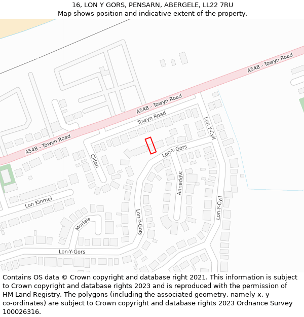 16, LON Y GORS, PENSARN, ABERGELE, LL22 7RU: Location map and indicative extent of plot