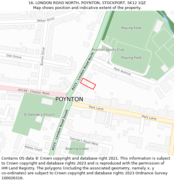 16, LONDON ROAD NORTH, POYNTON, STOCKPORT, SK12 1QZ: Location map and indicative extent of plot