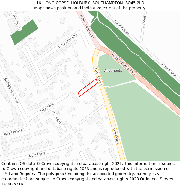 16, LONG COPSE, HOLBURY, SOUTHAMPTON, SO45 2LD: Location map and indicative extent of plot