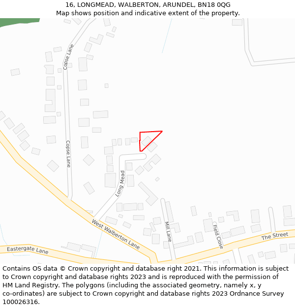 16, LONGMEAD, WALBERTON, ARUNDEL, BN18 0QG: Location map and indicative extent of plot