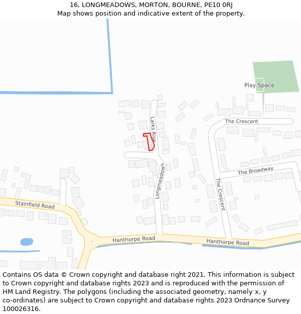 16, LONGMEADOWS, MORTON, BOURNE, PE10 0RJ: Location map and indicative extent of plot