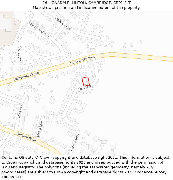 16, LONSDALE, LINTON, CAMBRIDGE, CB21 4LT: Location map and indicative extent of plot