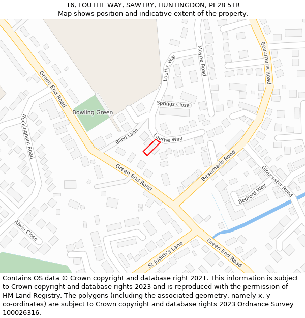 16, LOUTHE WAY, SAWTRY, HUNTINGDON, PE28 5TR: Location map and indicative extent of plot