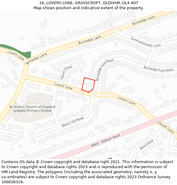 16, LOVERS LANE, GRASSCROFT, OLDHAM, OL4 4DT: Location map and indicative extent of plot