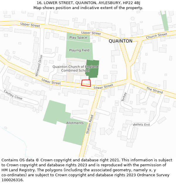 16, LOWER STREET, QUAINTON, AYLESBURY, HP22 4BJ: Location map and indicative extent of plot