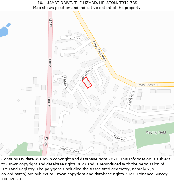 16, LUSART DRIVE, THE LIZARD, HELSTON, TR12 7RS: Location map and indicative extent of plot