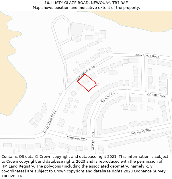 16, LUSTY GLAZE ROAD, NEWQUAY, TR7 3AE: Location map and indicative extent of plot