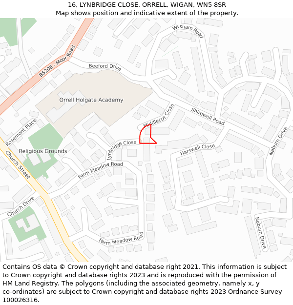 16, LYNBRIDGE CLOSE, ORRELL, WIGAN, WN5 8SR: Location map and indicative extent of plot