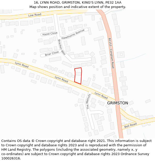 16, LYNN ROAD, GRIMSTON, KING'S LYNN, PE32 1AA: Location map and indicative extent of plot