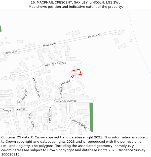 16, MACPHAIL CRESCENT, SAXILBY, LINCOLN, LN1 2WL: Location map and indicative extent of plot