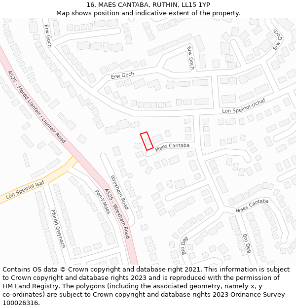 16, MAES CANTABA, RUTHIN, LL15 1YP: Location map and indicative extent of plot