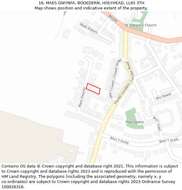 16, MAES GWYNFA, BODEDERN, HOLYHEAD, LL65 3TH: Location map and indicative extent of plot