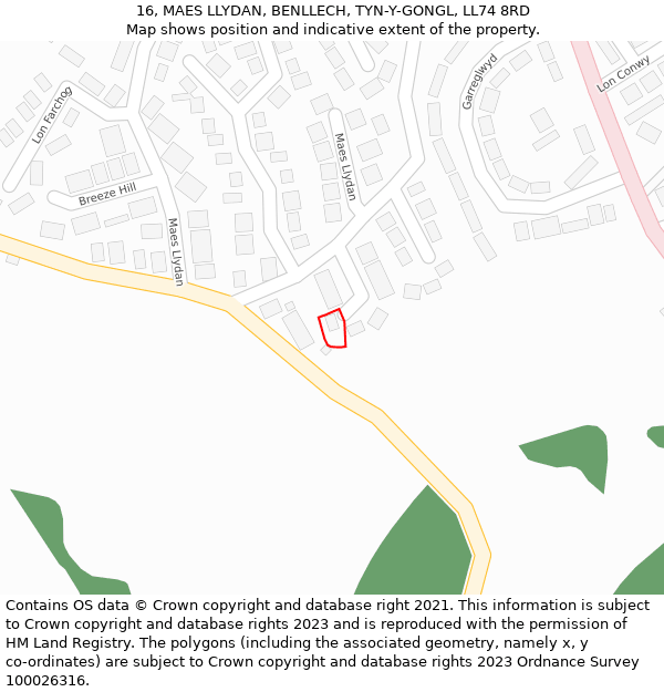 16, MAES LLYDAN, BENLLECH, TYN-Y-GONGL, LL74 8RD: Location map and indicative extent of plot