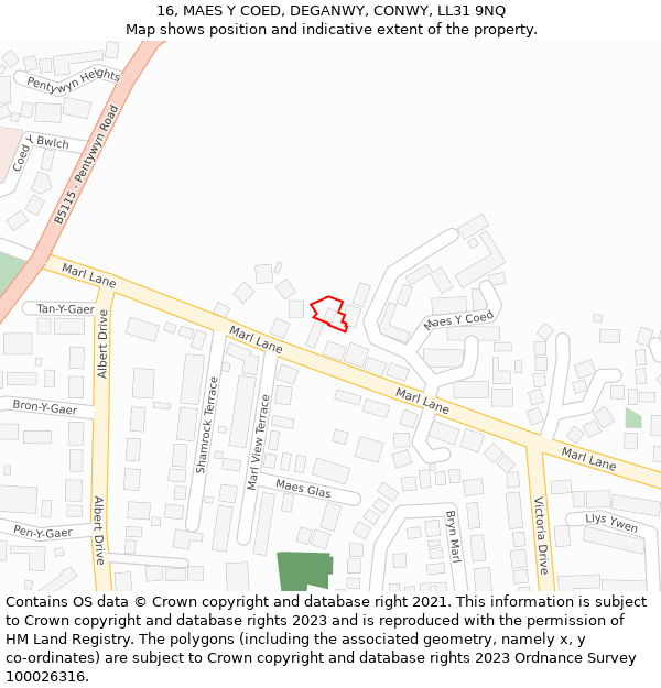 16, MAES Y COED, DEGANWY, CONWY, LL31 9NQ: Location map and indicative extent of plot