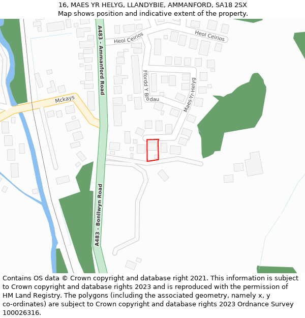 16, MAES YR HELYG, LLANDYBIE, AMMANFORD, SA18 2SX: Location map and indicative extent of plot