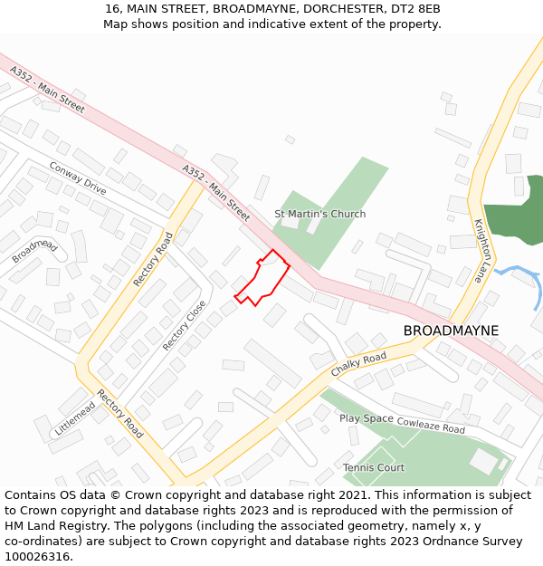 16, MAIN STREET, BROADMAYNE, DORCHESTER, DT2 8EB: Location map and indicative extent of plot