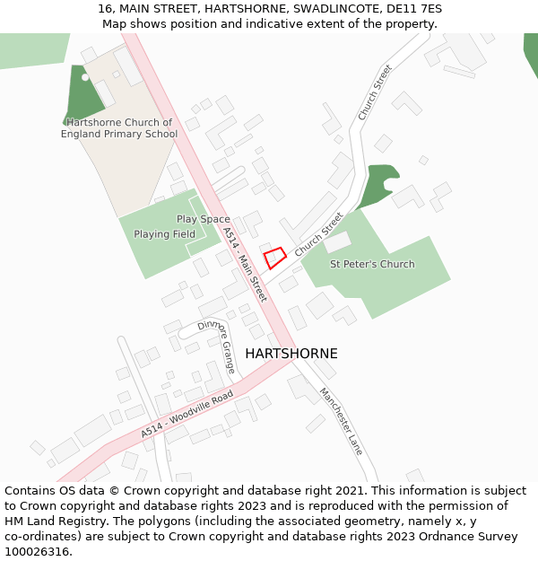 16, MAIN STREET, HARTSHORNE, SWADLINCOTE, DE11 7ES: Location map and indicative extent of plot