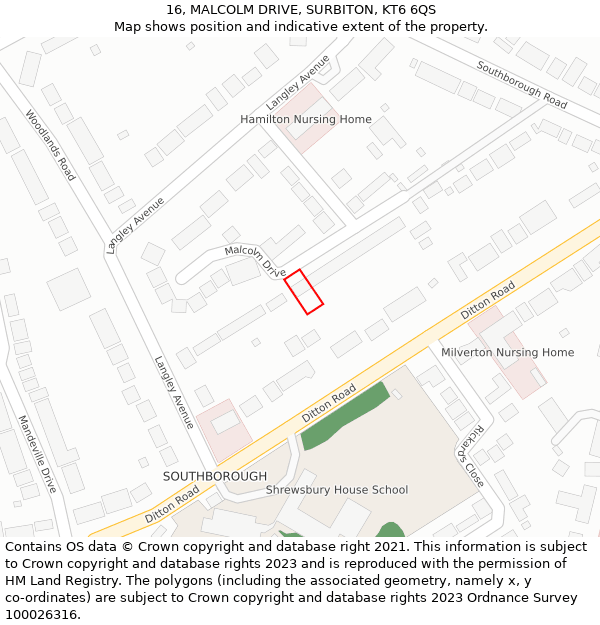 16, MALCOLM DRIVE, SURBITON, KT6 6QS: Location map and indicative extent of plot