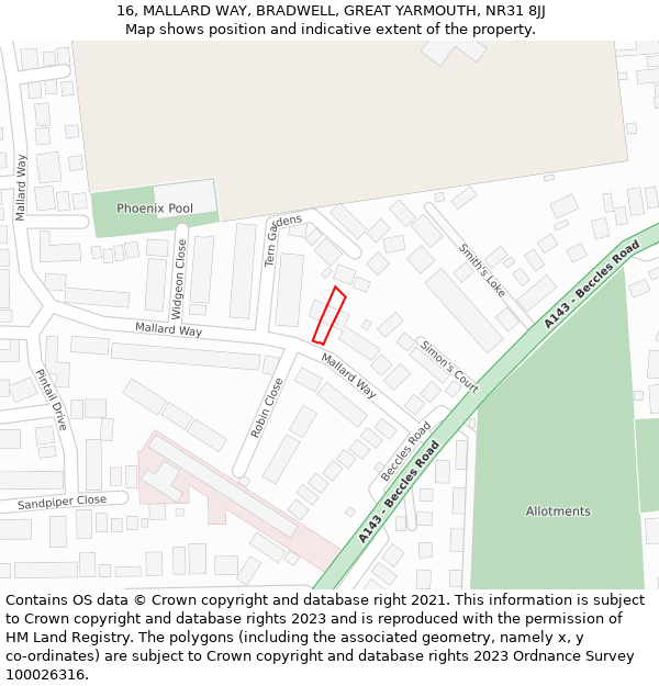 16, MALLARD WAY, BRADWELL, GREAT YARMOUTH, NR31 8JJ: Location map and indicative extent of plot