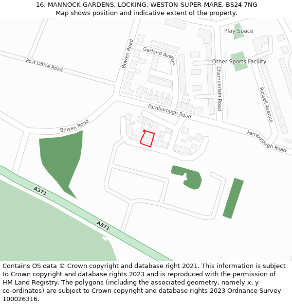 16, MANNOCK GARDENS, LOCKING, WESTON-SUPER-MARE, BS24 7NG: Location map and indicative extent of plot