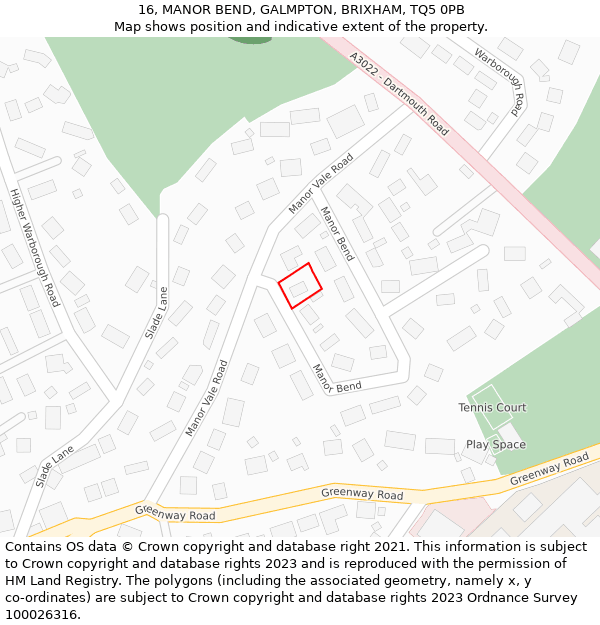 16, MANOR BEND, GALMPTON, BRIXHAM, TQ5 0PB: Location map and indicative extent of plot