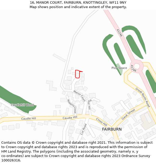16, MANOR COURT, FAIRBURN, KNOTTINGLEY, WF11 9NY: Location map and indicative extent of plot