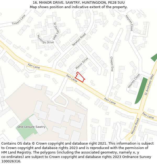 16, MANOR DRIVE, SAWTRY, HUNTINGDON, PE28 5UU: Location map and indicative extent of plot