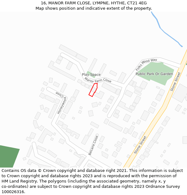 16, MANOR FARM CLOSE, LYMPNE, HYTHE, CT21 4EG: Location map and indicative extent of plot