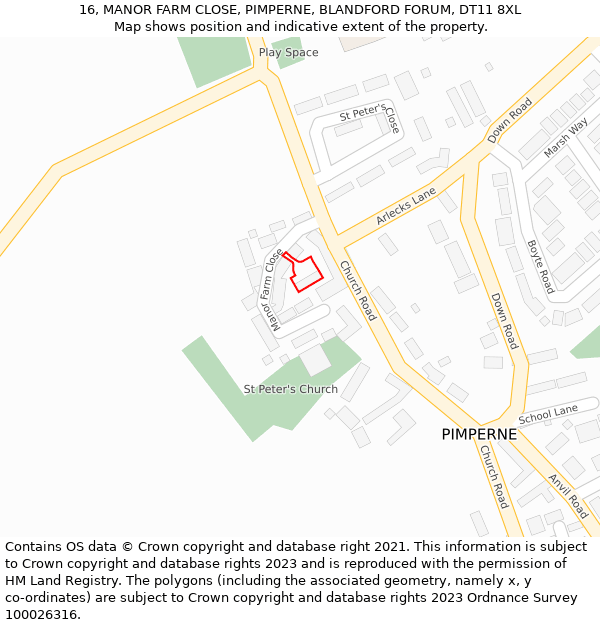 16, MANOR FARM CLOSE, PIMPERNE, BLANDFORD FORUM, DT11 8XL: Location map and indicative extent of plot