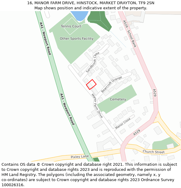 16, MANOR FARM DRIVE, HINSTOCK, MARKET DRAYTON, TF9 2SN: Location map and indicative extent of plot