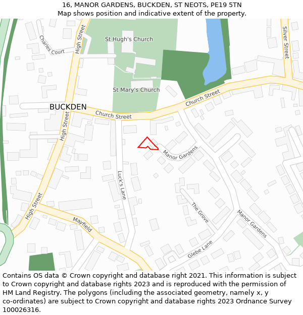 16, MANOR GARDENS, BUCKDEN, ST NEOTS, PE19 5TN: Location map and indicative extent of plot