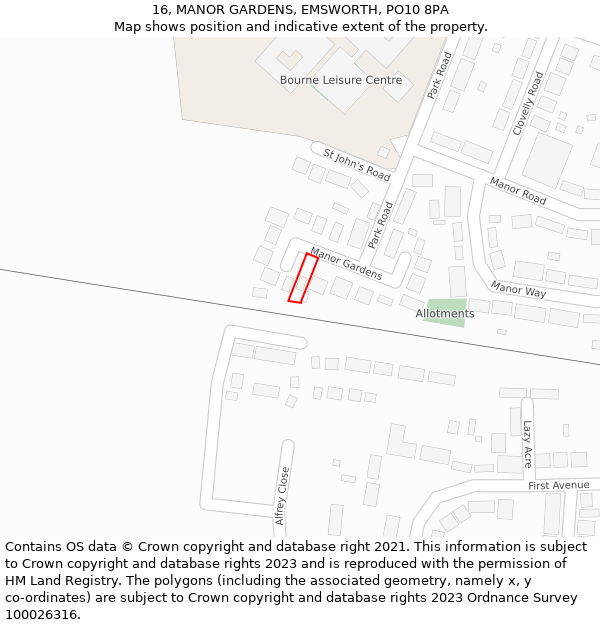 16, MANOR GARDENS, EMSWORTH, PO10 8PA: Location map and indicative extent of plot