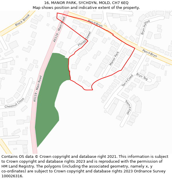 16, MANOR PARK, SYCHDYN, MOLD, CH7 6EQ: Location map and indicative extent of plot