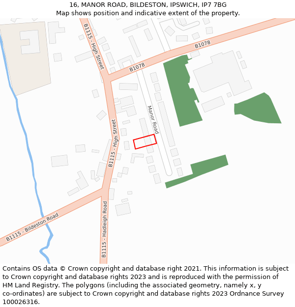 16, MANOR ROAD, BILDESTON, IPSWICH, IP7 7BG: Location map and indicative extent of plot