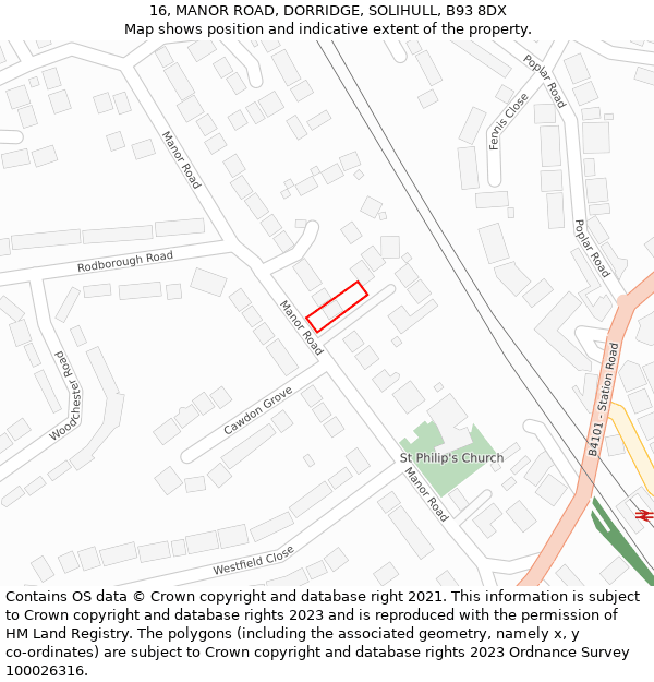 16, MANOR ROAD, DORRIDGE, SOLIHULL, B93 8DX: Location map and indicative extent of plot