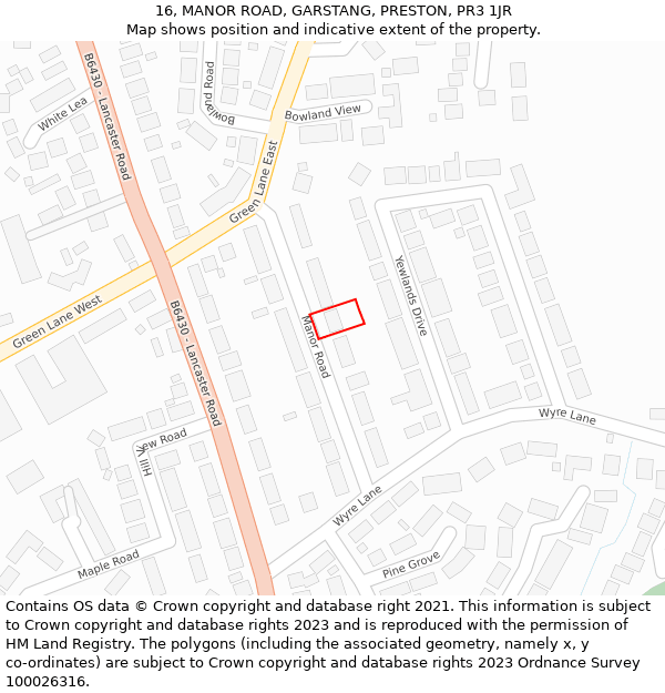 16, MANOR ROAD, GARSTANG, PRESTON, PR3 1JR: Location map and indicative extent of plot