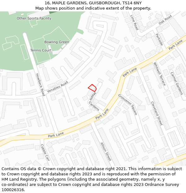 16, MAPLE GARDENS, GUISBOROUGH, TS14 6NY: Location map and indicative extent of plot