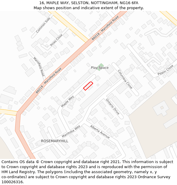 16, MAPLE WAY, SELSTON, NOTTINGHAM, NG16 6FA: Location map and indicative extent of plot