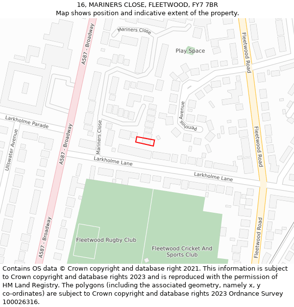 16, MARINERS CLOSE, FLEETWOOD, FY7 7BR: Location map and indicative extent of plot