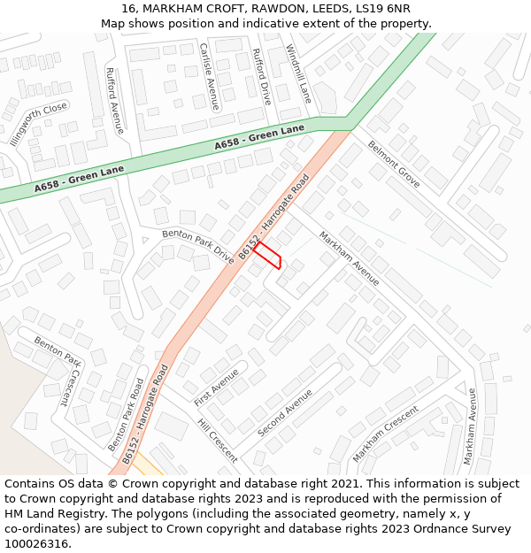 16, MARKHAM CROFT, RAWDON, LEEDS, LS19 6NR: Location map and indicative extent of plot