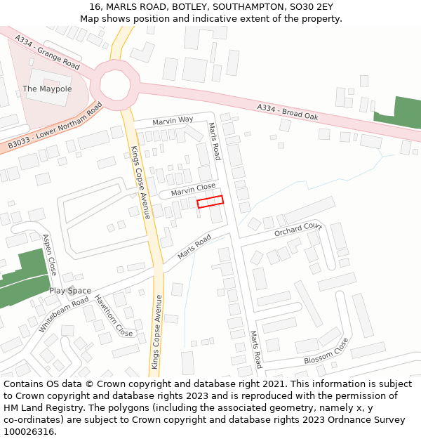 16, MARLS ROAD, BOTLEY, SOUTHAMPTON, SO30 2EY: Location map and indicative extent of plot