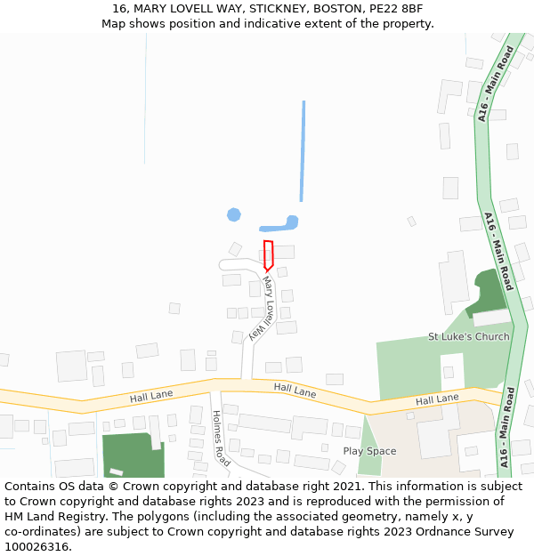 16, MARY LOVELL WAY, STICKNEY, BOSTON, PE22 8BF: Location map and indicative extent of plot