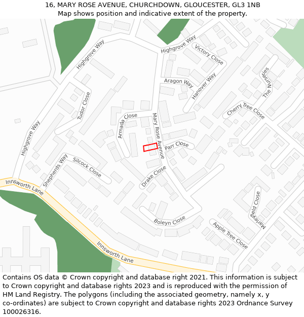 16, MARY ROSE AVENUE, CHURCHDOWN, GLOUCESTER, GL3 1NB: Location map and indicative extent of plot