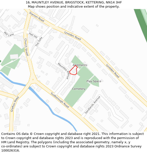 16, MAUNTLEY AVENUE, BRIGSTOCK, KETTERING, NN14 3HF: Location map and indicative extent of plot