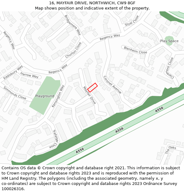 16, MAYFAIR DRIVE, NORTHWICH, CW9 8GF: Location map and indicative extent of plot