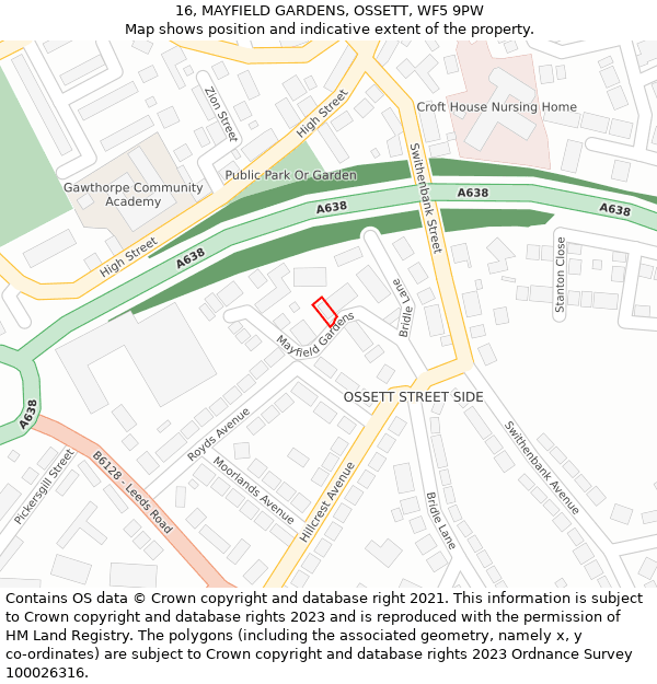 16, MAYFIELD GARDENS, OSSETT, WF5 9PW: Location map and indicative extent of plot